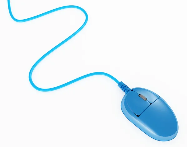 Синяя компьютерная мышь с проводом на белом фоне — стоковое фото