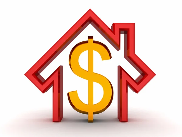Rode huis en gouden geld dollar symbool op witte achtergrond — Stockfoto