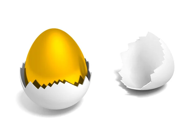 Huevo dorado en la cáscara rota de huevo blanco —  Fotos de Stock