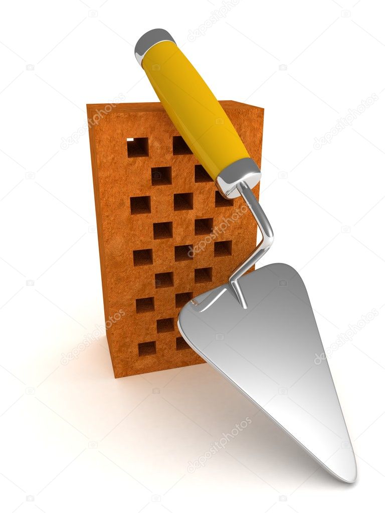 Construction trowel and brick on white background