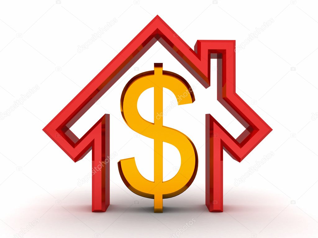 Red house and golden money dollar symbol on white background