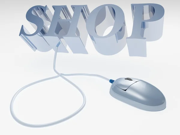 On-line internet shop koncept text s počítačovou myš — Stock fotografie