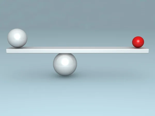 Концепция баланса с двумя красными и белыми шариками на весах — стоковое фото
