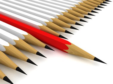 One red pencil leader in a row of white others clipart