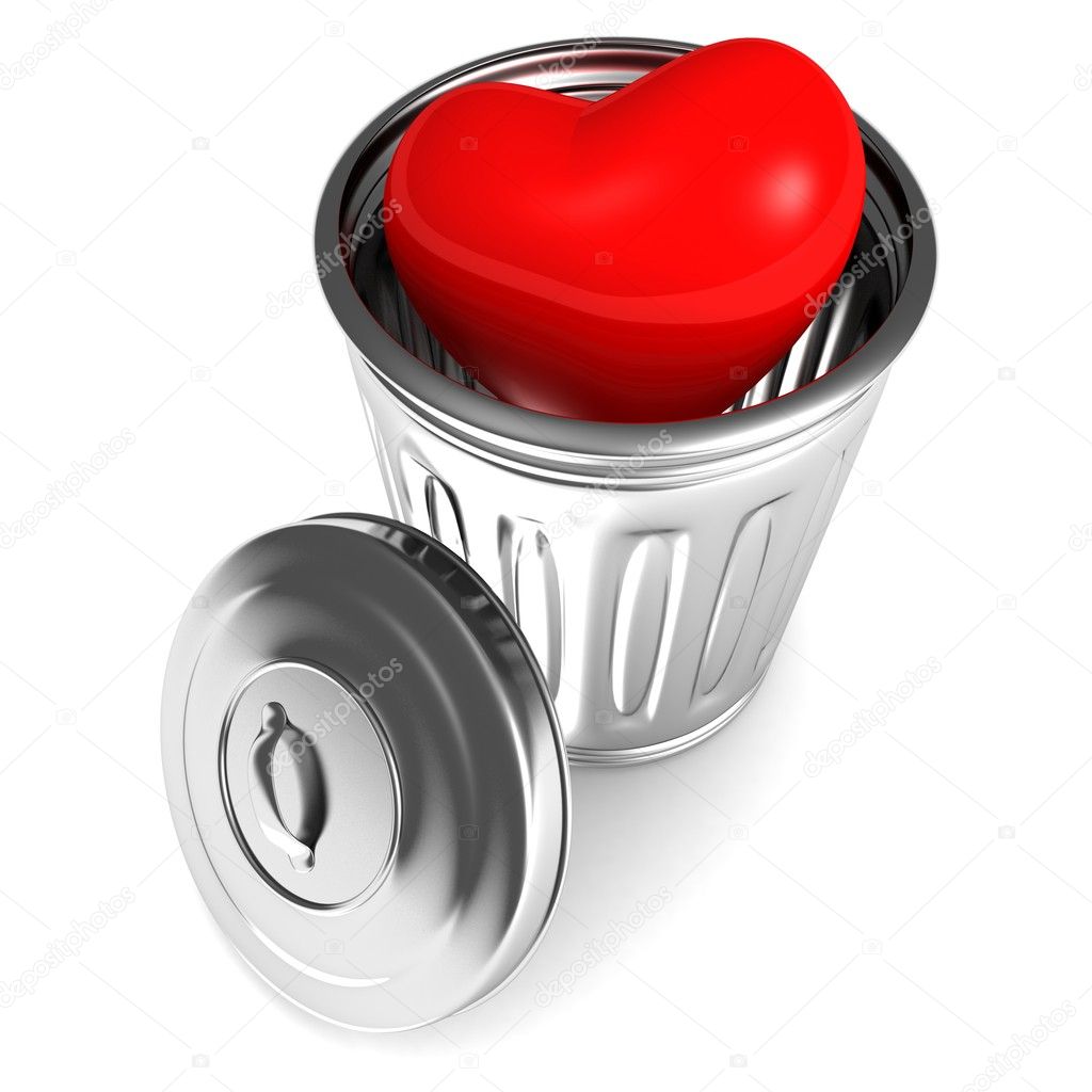 Red shiny love heart in metal trash bin can