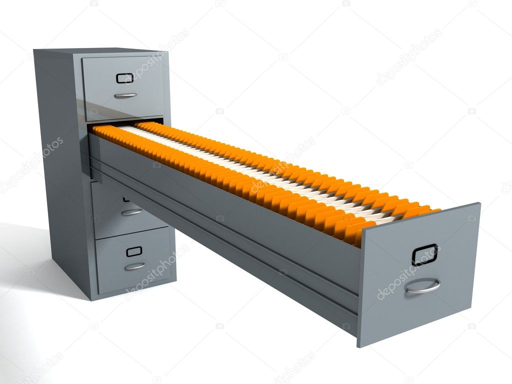 Filing cabinet with many file folders on white background