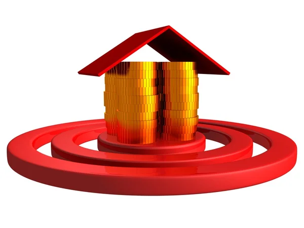 Goud geld munten huis als een centrum van rode doel — Stockfoto