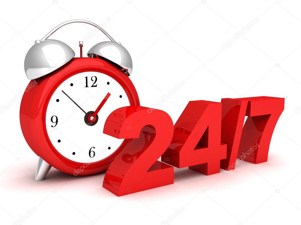 Red alarm clock with the numbers 24 and 7. concept of full availability