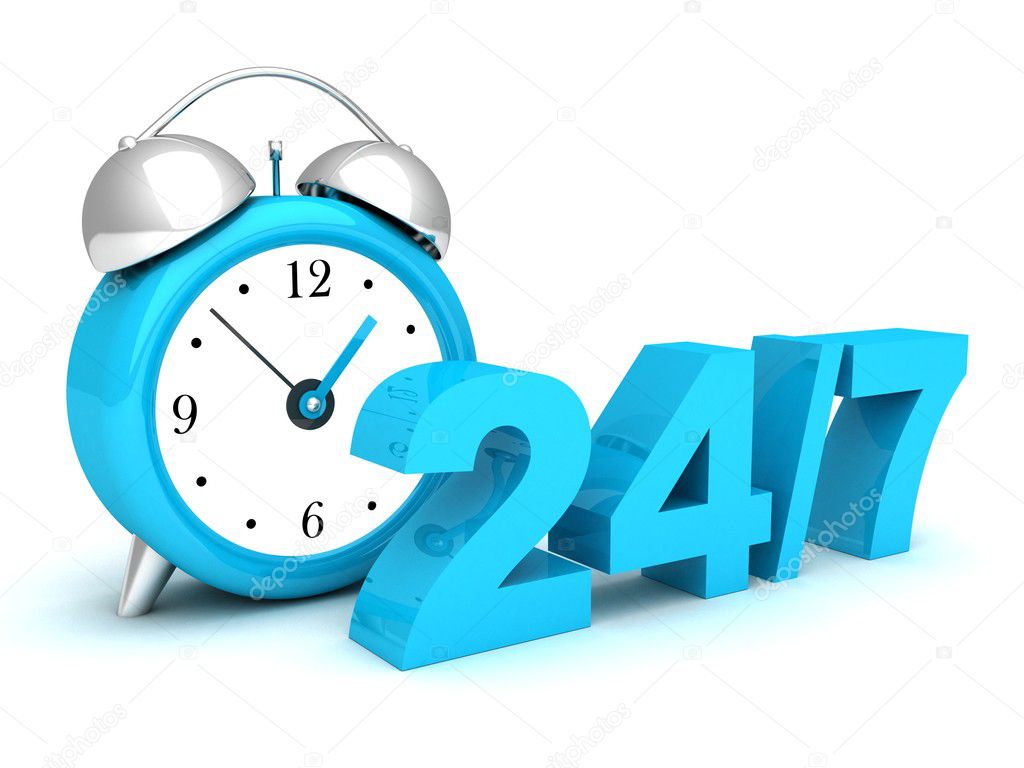 24 7 blue sign with retro alarm bell clock