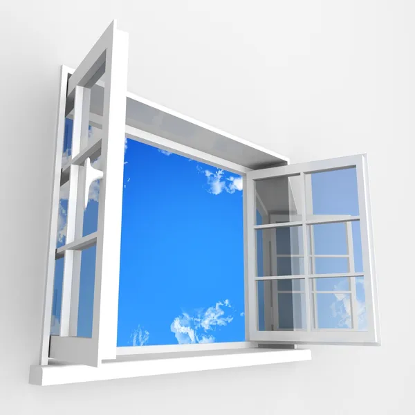打开塑料窗口，蓝云的天空 — 图库照片
