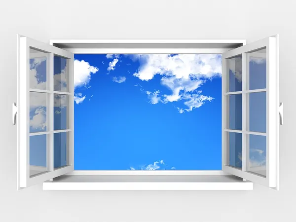 Janela aberta contra uma parede branca e o céu nublado Fotos De Bancos De Imagens