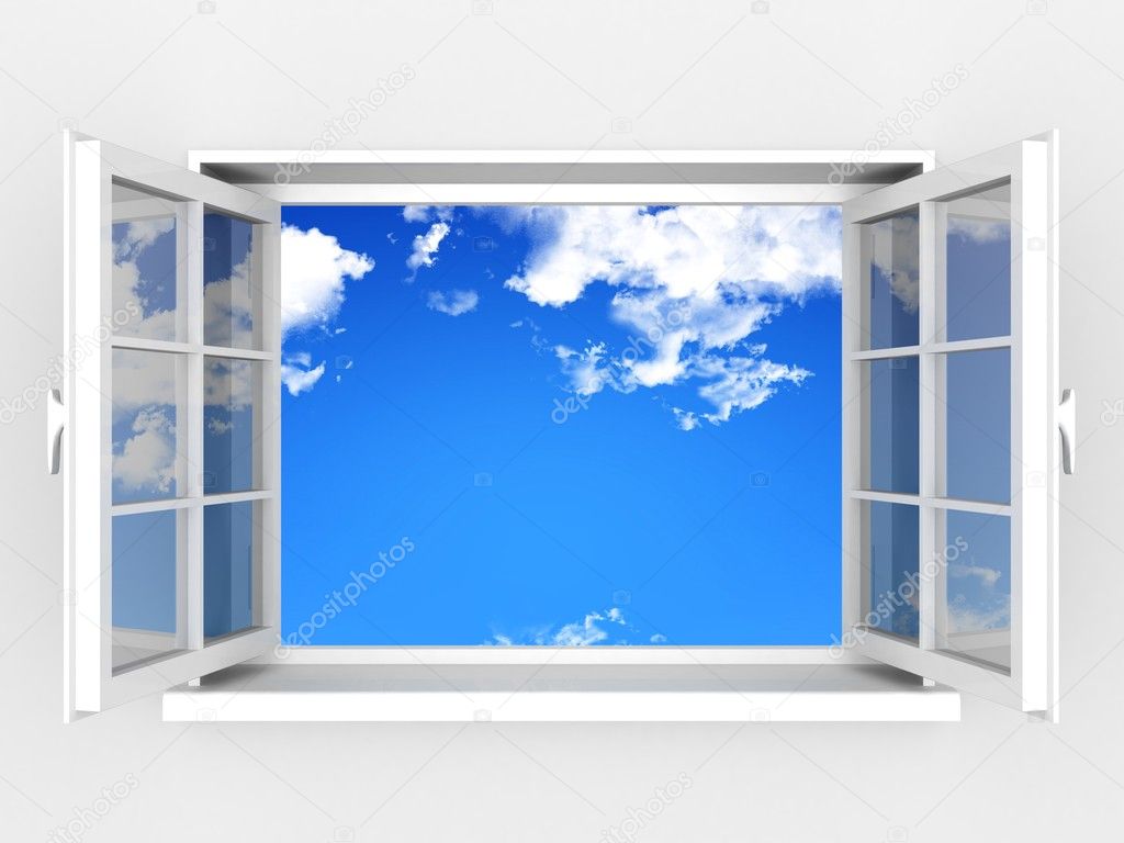 Open window against a white wall and the cloudy sky