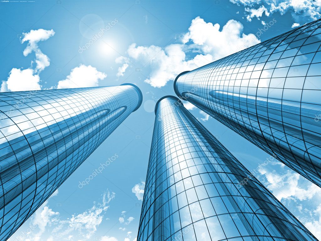 Futuristic modern blue city skyscrapers sky background