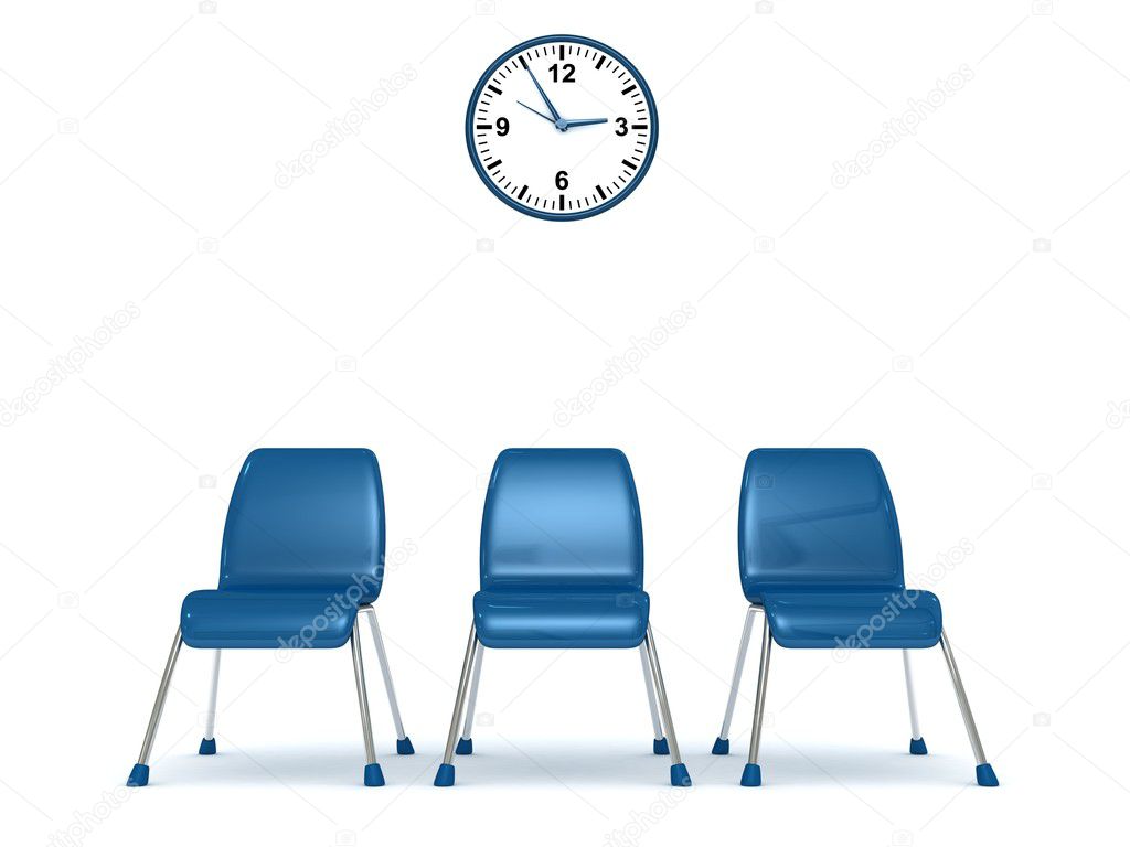Waiting room with a row of chairs and wall clock