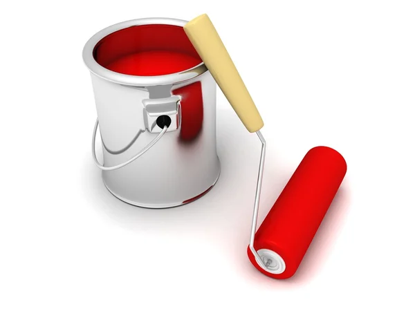 Lata de metal com tinta vermelha e escova de rolo — Fotografia de Stock