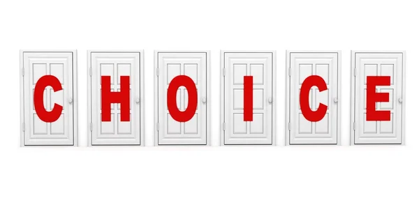 Puertas blancas cerradas con texto rojo. concepto de elección —  Fotos de Stock