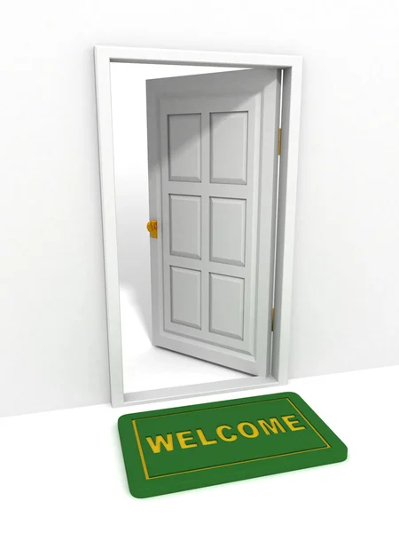 Λευκό φιλόξενη πόρτα με ένα πράσινο ευπρόσδεκτο χαλί — Φωτογραφία Αρχείου