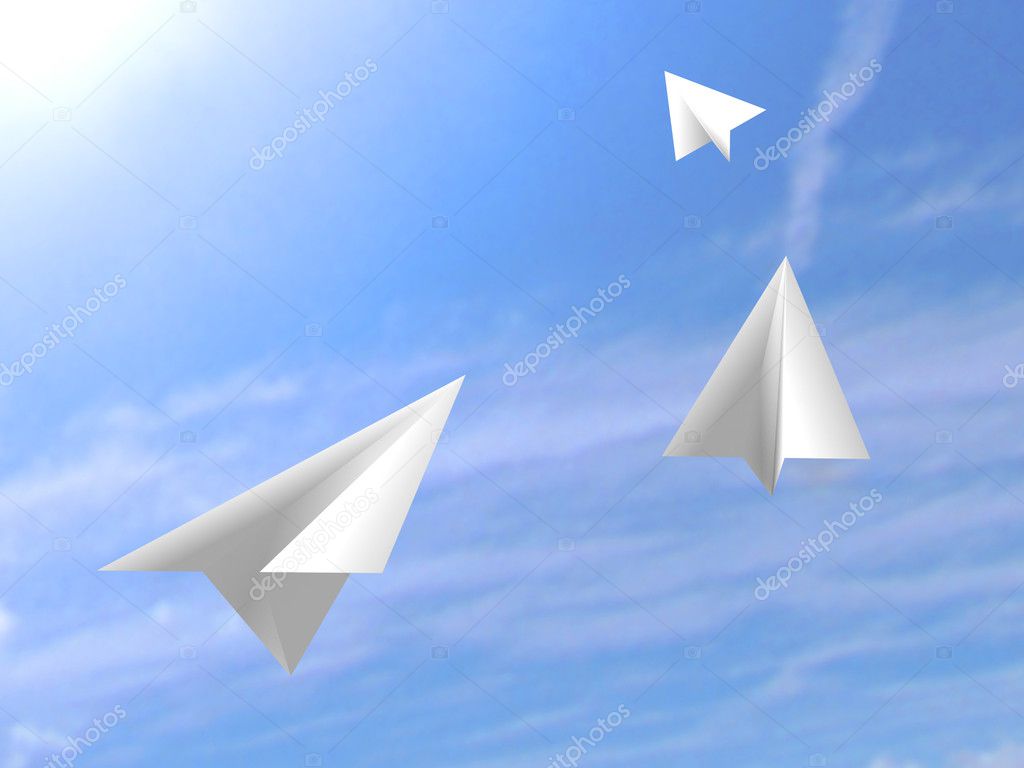Origami paper white airplanes flying on the sky — Stock Photo © borzaya