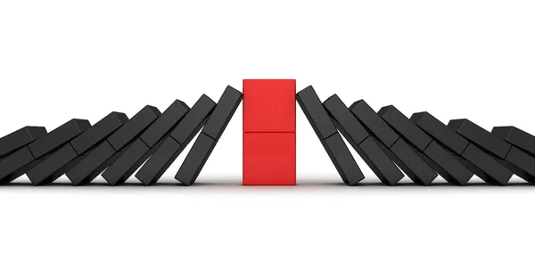 Domino effect concept met rode leider en zwarte anderen — Stockfoto