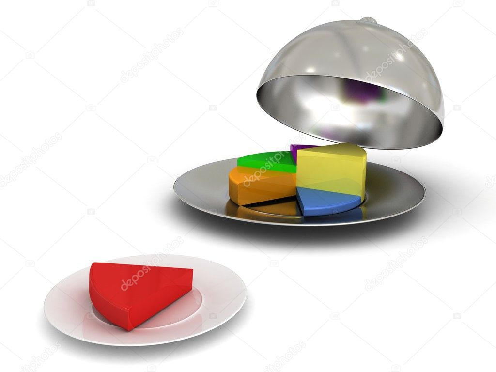 Colorful pie graph on metal tray and one piece on a plate