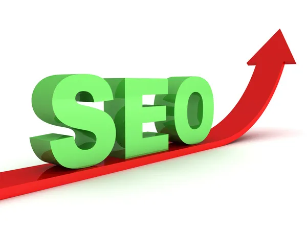 Green seo text on red grow up arrow — Stock Photo, Image