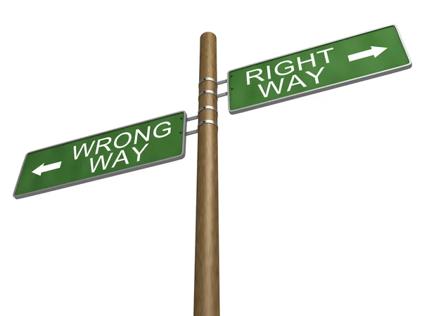 stock image Right And Wrong Way Green Road Sign on Wooden Pole