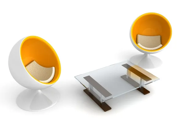 Iki boş küre koltuk ile iletişim için cam masa — Stok fotoğraf