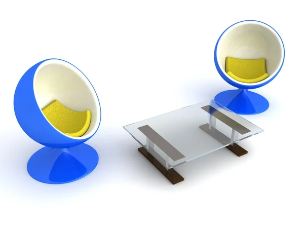 Twee blauwe stoelen en glazen tafel op wit. dialoog bedrijfsconcept — Stockfoto