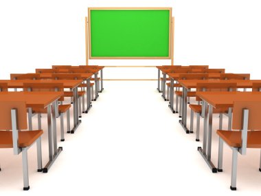 Classroom interior with green blackboard and wooden desks clipart