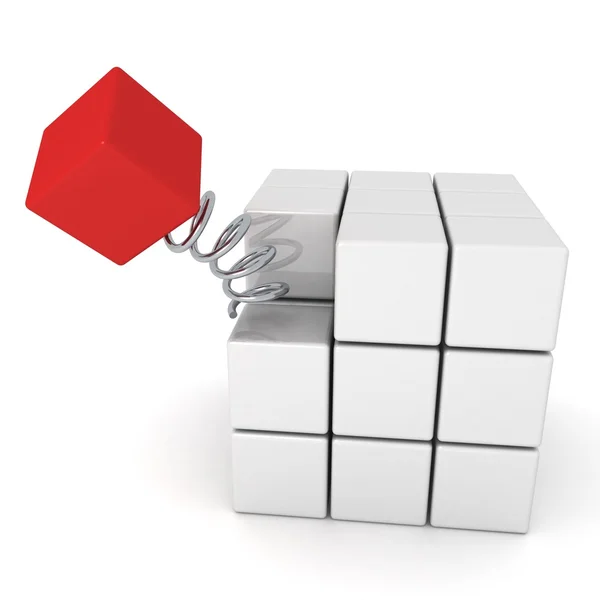 Red individual cube jumping on spring out of white group — Stock Photo, Image