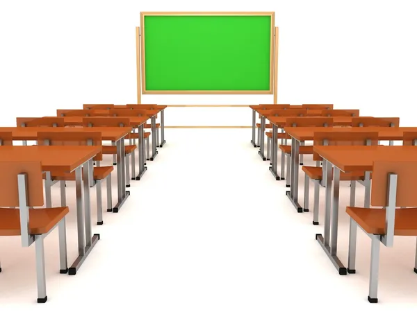 stock image Classroom interior with green blackboard and wooden desks