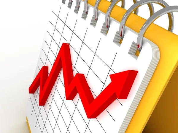 卓上カレンダーの上に赤い成長利益矢印グラフ — ストック写真