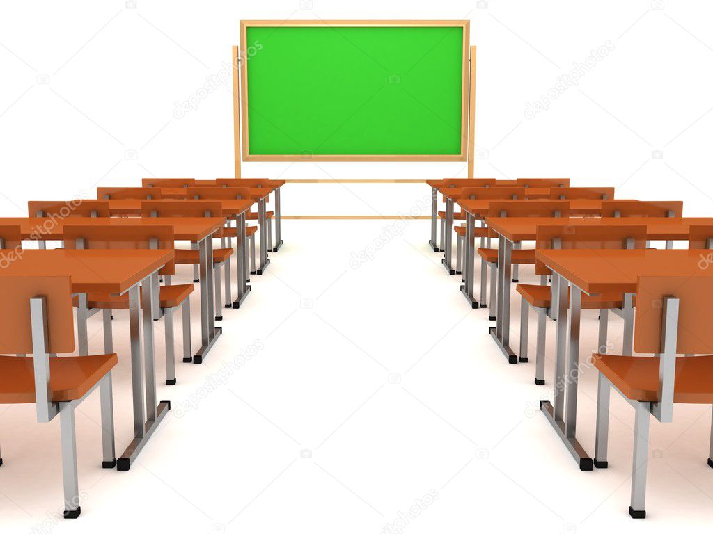 Classroom interior with green blackboard and wooden desks