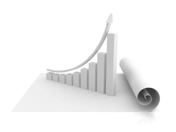 Gráfico gráfico gráfico de negócios subindo com seta e rolo de papel — Fotografia de Stock