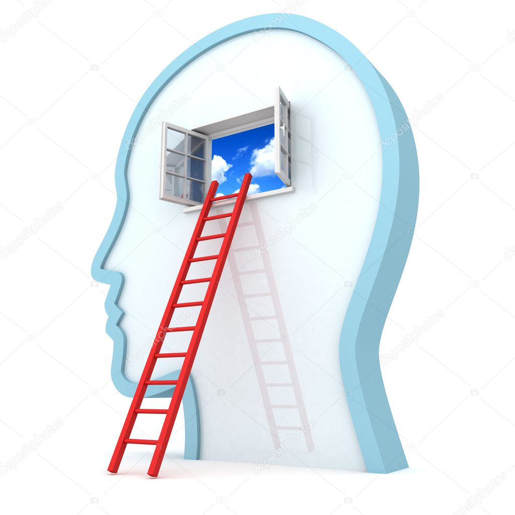 Human head withred ladder to opened sky window