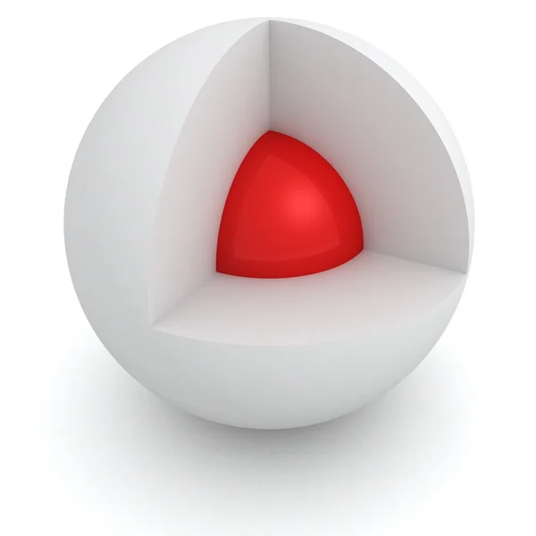Поперечное сечение белой сферы с красным ядром внутри — стоковое фото