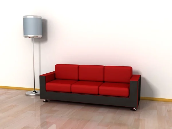 Sofá acolhedor sofá vermelho e lâmpada de assoalho pela parede branca — Fotografia de Stock