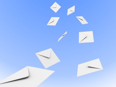 Flow of white mail envelopes in the blue sky clipart