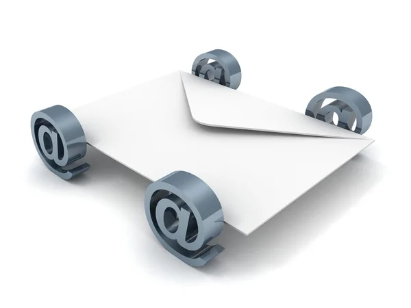 E-concept met mai tekenen wielen envelop — Stockfoto