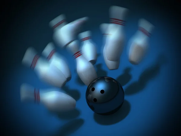 Une boule de bowling s'écrase sur les épingles. coup de grève — Photo