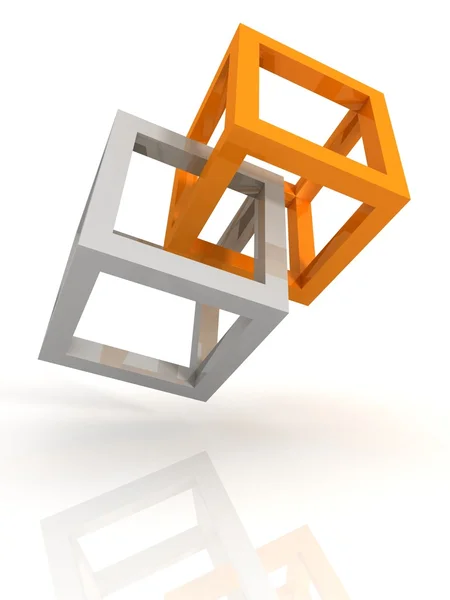 Cubes gris et orange abstraits se recoupant sur fond blanc — Photo