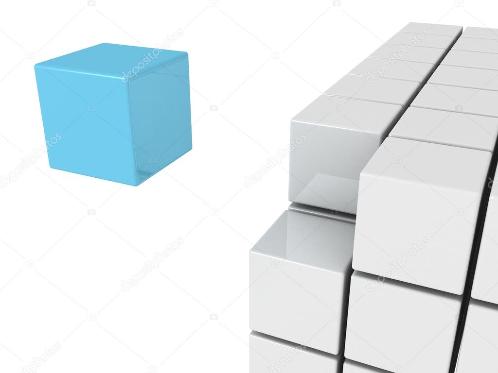 Individuality concept with blue unique cube on white background