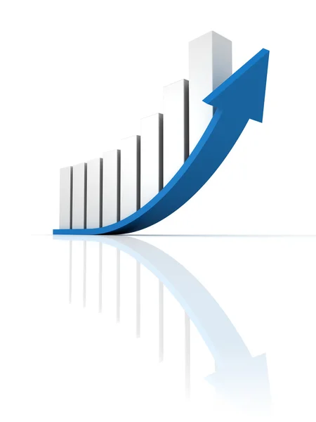 Rozwój firmy się wykres słupkowy z niebieską strzałkę — Zdjęcie stockowe
