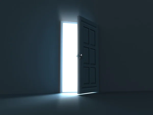 Heldere deur tegenover donker muur open — Stockfoto
