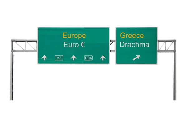 Дорожный знак Европа-Греция и Евро-Драхма — стоковое фото