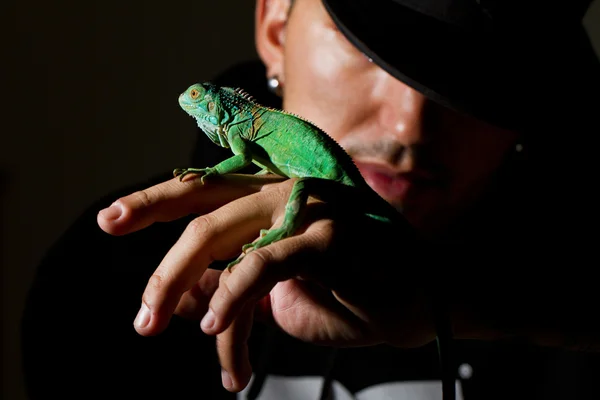 Adam ve iguana — Stok fotoğraf