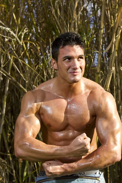 Modelo masculino con músculos en el campo — Foto de Stock