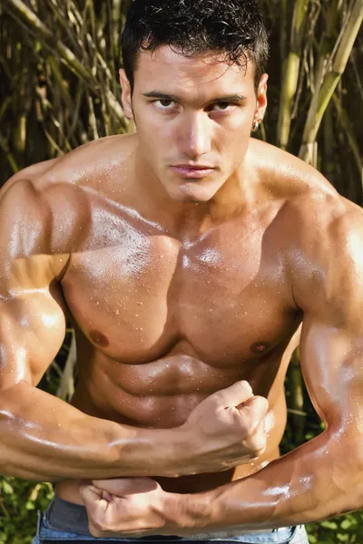 Male model with muscles on the countryside — Stock Photo, Image