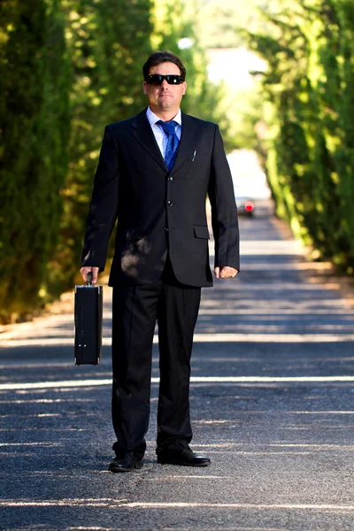 stock image Business man with suitcase on a road