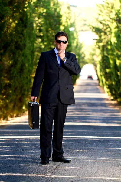 stock image Business man with suitcase on a road